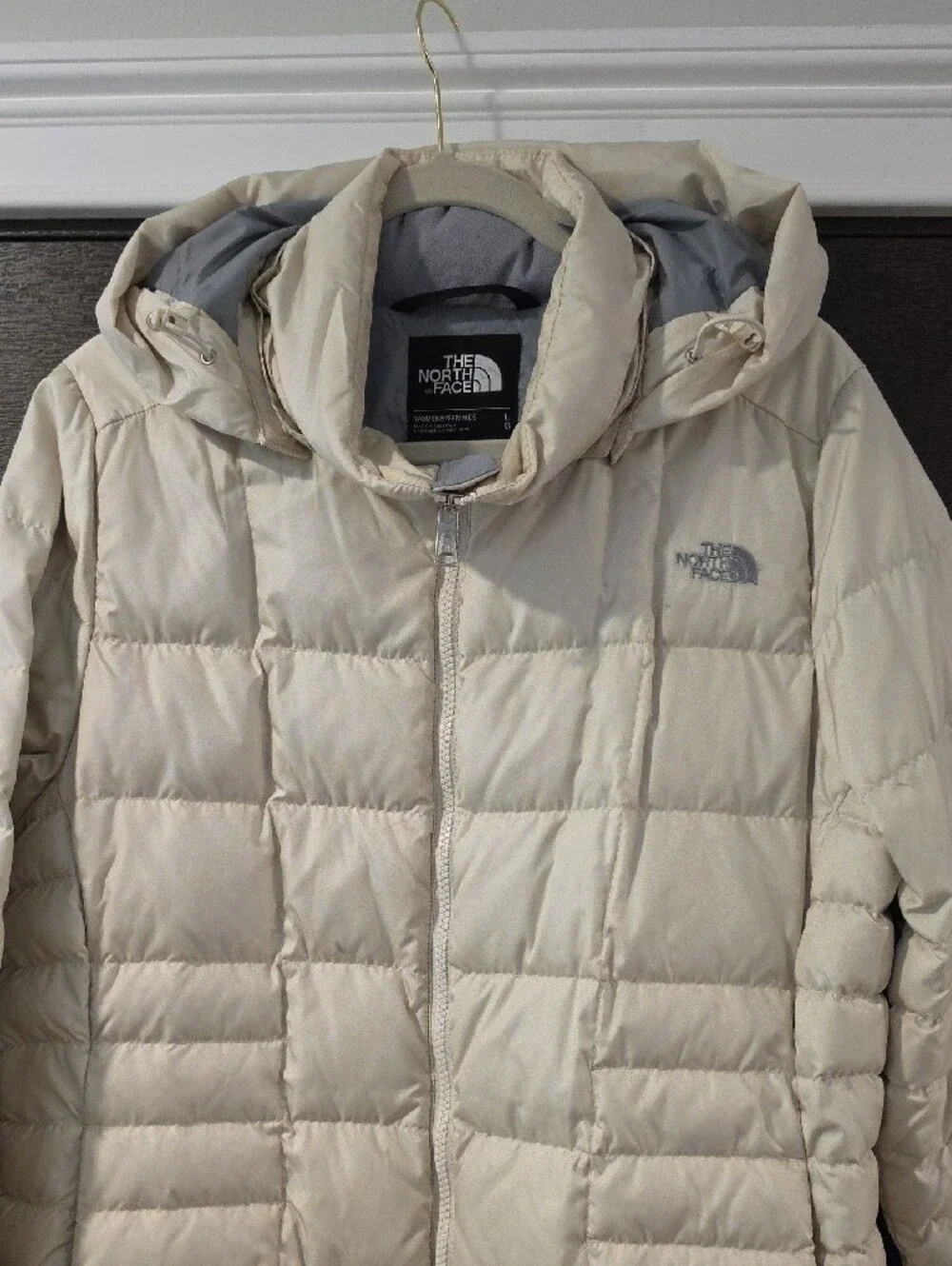 The North Face Women's Long Hooded Puffer Coat in Light Beige